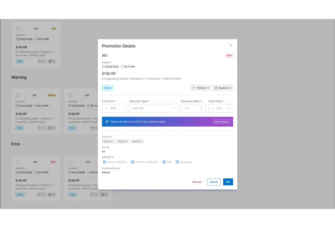 Promotion details with an AI suggestion to adjust the discount for a better margin