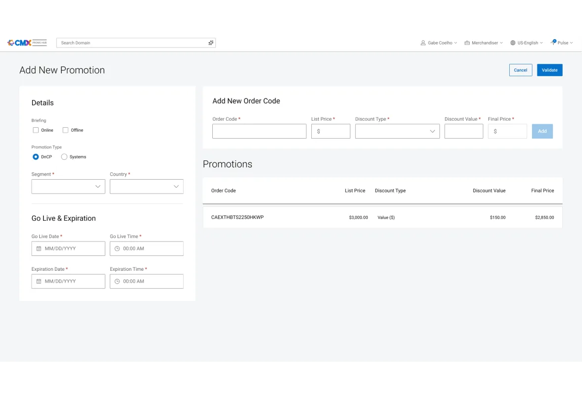 Add new promotion form with order code, list price and discount