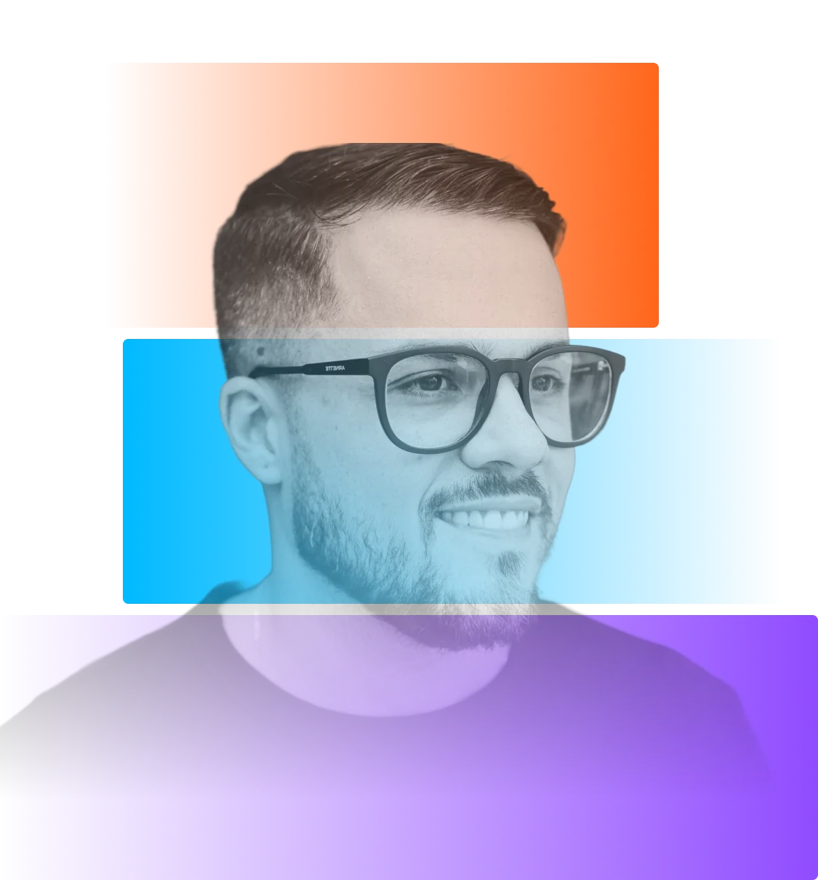 Portrait of Gabe Coelho over orange, blue and violet color blocks